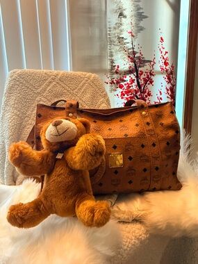 MCM Cognac Visetos Monogram Tote with Gold Plaque